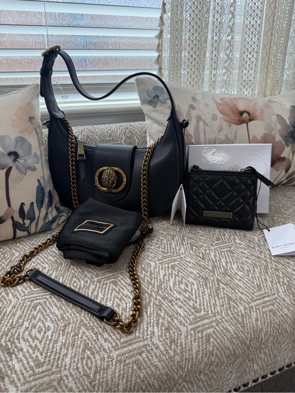 Black Leather Shoulder Bag with Gold Chain and Emblem NWT